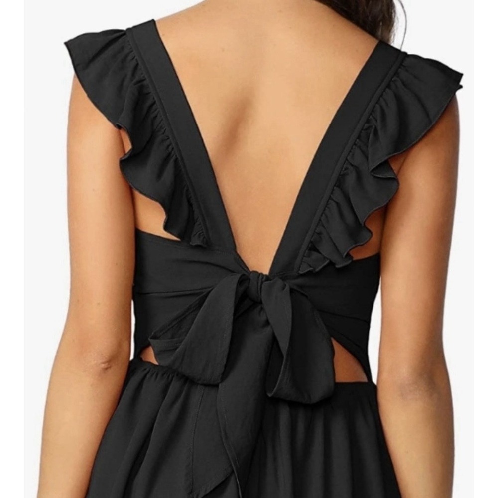 Women's Tie Back Ruffle Strap A‎ Line Fit and Flare Dress- Black Medium - Picture 2 of 14